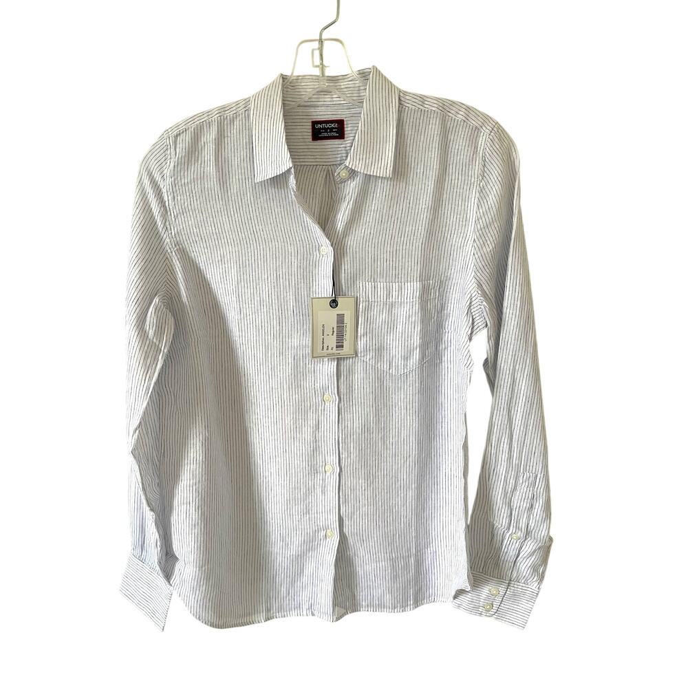 UNTUCKit Linen Striped Long Sleeve Blouse Shirt White Blue Size 6 NEW